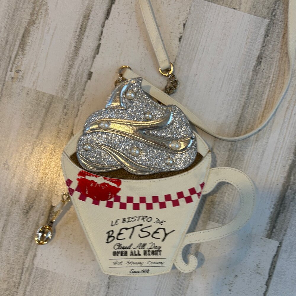 Betsey Johnson Le Bistro Crossbody Faux Leather Purse Coffee Cup Shape